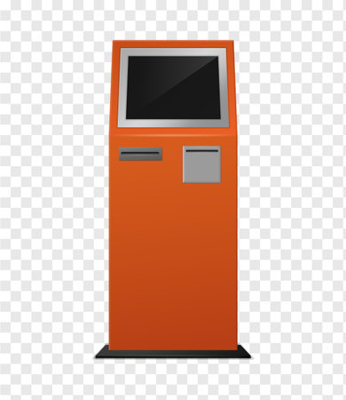 Payment terminal. Realistic Atm orange colored kiosk front view, automated teller for finance service, banking electronic financial equipment, black empty screen mockup 3d vector isolated illustrationのイラスト素材