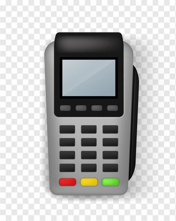 Realistic payment terminal. Contactless Pos terminal front view, finance service and banking electronic financial equipment, credit card payments, empty screen mockup 3d vector isolated illustrationのイラスト素材