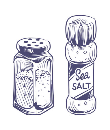 Salt shaker. Glass bottles salting powder and crystals hand drawn sketch illustration, saltshaker with himalayan or sea salt, kitchen utensils vector isolated on white background cooking ingredientのイラスト素材