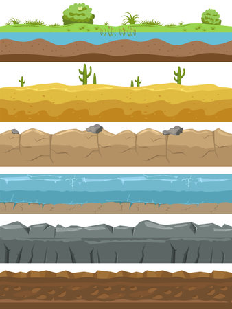 Seamless landscape borders. Ground types endless background, game environments. Natural horizontal lands stripes structure collection, rocks and meadow, desert and water.のイラスト素材