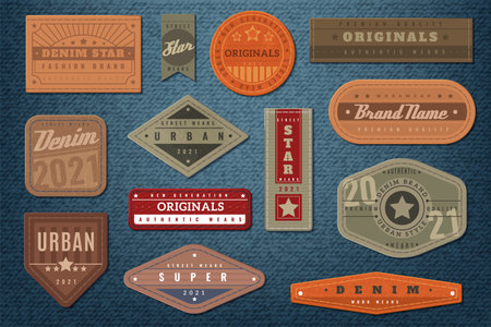 Denim labels. Graphic leather badge and textured background, authentic embroidery typography jeans clothes fashion print collection, vintage emblems with text retro western sticker vector isolated setのイラスト素材