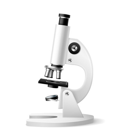 Realistic microscope. 3d laboratory optical white equipment scientific research device, microbiological analysis.のイラスト素材