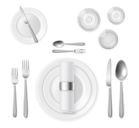 Table setting top view. Realistic 3d silver cutlery and white plates, restaurant banquet service, silverware positions, full dinner serving. Vector realistic isolated on white background illustrationのイラスト素材