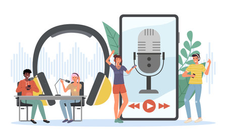 Podcast listening. Happy young people listen online radio, recording equipment, man and woman talk live, headphones and microphones in studio, webinar streaming smartphone app.のイラスト素材