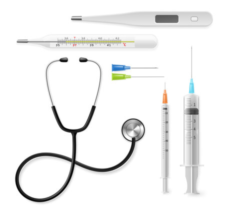Realistic medical instruments. 3d hospital diagnostic and treatment tools, doctors and nurses equipment, stethoscope and syringes, needles and thermometers.のイラスト素材
