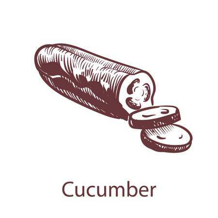 Cucumber hand drawn icon. Hand drawn vegetable in old style, sketch cooking ingredient, detailed organic retro product for labels and packages with text, vector single engraving isolated illustrationのイラスト素材