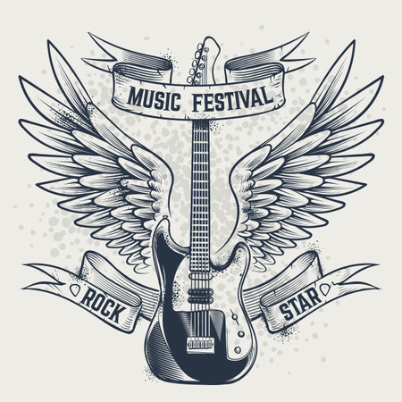 Guitar with wings. Electric guitar and angel wings in sketch style template for music festivals poster, tattoo or t-shirt print, vintage grunge monochrome placard, vector isolated retro illustrationのイラスト素材