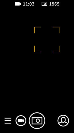 Mobile phone camera settings. Smartphone social media application, device screen interface dark frame, photo viewfinders with zoom and buttons template.のイラスト素材