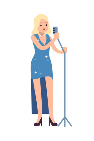 Singer performing. Female vocalist stands in blue dress with microphone and sings song, musical performance. Karaoke or symphony concert entertainment concept flat vector cartoon isolated illustrationのイラスト素材