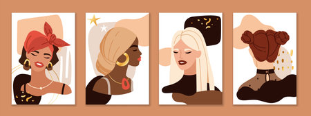 Abstract female portraits. Trendy beautiful young women faces compositions. Pretty blonde, brunette and red hair multi ethnic girls on modern art shapes collage backgrounds. Vector fashion posters setのイラスト素材