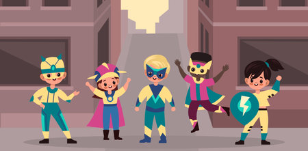 Urban superhero kids team. Brave children heroes band on city street background, cute brave girls and boys superpower holders in colorful bright capes and masks. Cartoon flat style vector posterのイラスト素材