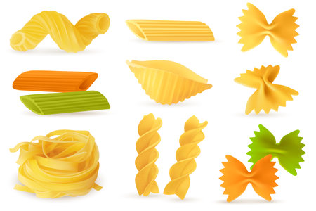 Dry pasta objects. Realistic italian culinary ingredients, different pasta and noodles shapes. Homemade farfalle and fusilli, gemelli and penne, conchiglie and cavatappi, carbohydrate food.のイラスト素材