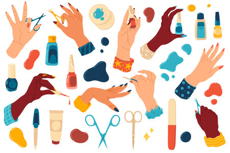 Manicure hands. Cartoon nail bar accessories and equipment, bright polishes and scissors, nail files and cream, female hand with manicure tools collection, beauty salon.のイラスト素材