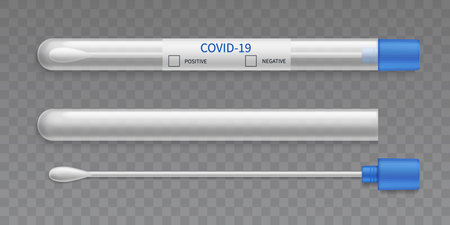 Test tube swab. Realistic microbiological medical test, diagnostic lab tool for genetic research, plastic container with cotton swab, virus analysis. Vector 3d set isolated on transparent backgroundのイラスト素材
