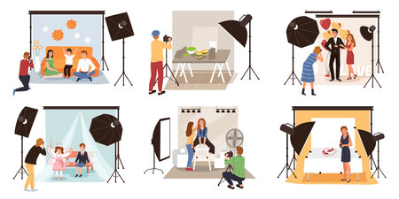Photo studio. Photographers shoot models in studios, fashion or romantic, family with children and subject shooting, people with professional cameras and studio equipment.のイラスト素材