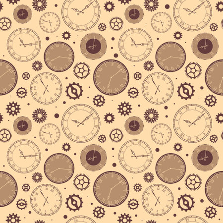 Clock faces seamless pattern. Vintage watches background, ticking time elements with roman and arabic numerals in sepia colors. Decor textile, wrapping paper wallpaper vector texture print or fabricのイラスト素材