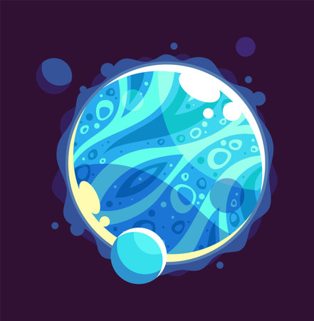 Fantasy cartoon blue planet. Cosmic element for galaxy game design, colorful mystery luminous space object with satellites, alien futuristic world, astronomy isolated on black background illustrationのイラスト素材