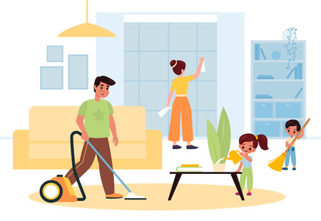 Children helping parents. Family joint house cleaning in living room interior. Cartoon father, mother and little kids tidy household, people washing and vacuuming. Housekeeping chores vector conceptのイラスト素材