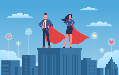 Business heroes. Woman and man with red capes and suites on skyscraper roof, city background with different symbol tags, super brave strong leader people. Professional team flat vector cartoon conceptのイラスト素材