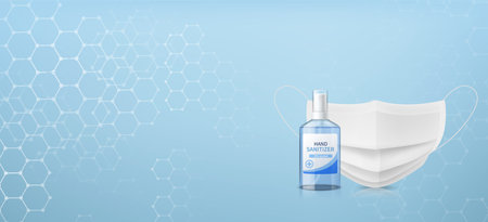 Sanitizer and medical mask background. virus protect horizontal backdrop, covid-19 and flu viruses protection, nose textile filter and antibacterial barrier vector isolated poster.のイラスト素材
