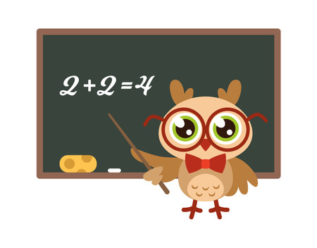 School owl near blackboard. Cute bird with glasses teaching mathematics, funny joyful bird teacher, knowledge and learning mascot, wisdom symbol child print isolated on white background illustrationのイラスト素材