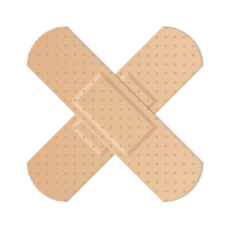 Realistic water resistant perforated medical plasters. Plastic beige colored adhesive tape cross form, protection and health care first aid object, vector isolated on white background illustrationのイラスト素材