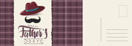 Happy fathers day postcard. Abstract checkered background with mustache and hat, letter template, holiday congratulation, invitation or greeting card mockup vector flat style cartoon illustrationのイラスト素材