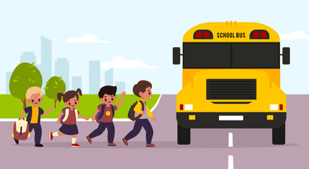 School bus kids. Students enter yellow transport, children group goes to classes, urban landscape,...
