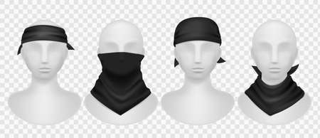 Realistic black bandana. Mannequins mockup with different style dark kerchief, wearing options buffs, scarves and neck clothes. Modern unisex accessory for head and hair, vector isolated templates setのイラスト素材