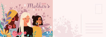 Mothers day card. Women portraits with bouquets flowers letter template, multinational beautiful young moms, holiday congratulation. Vector postcard or greeting card mockup in modern cartoon styleのイラスト素材