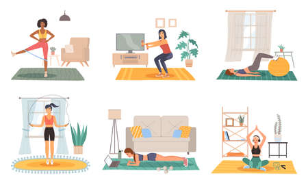 Home sport training. Female fitness activity in room, healthy lifestyle and workout scenes set, girl doing physical exercises yoga and gymnastics in house gym with sports equipment. Vector flat setのイラスト素材