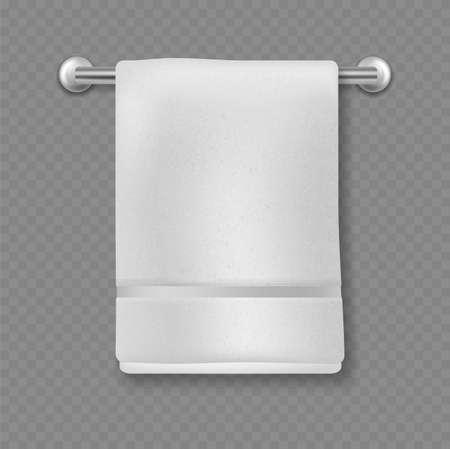 White towel. Realistic bathroom soft cotton textile. Clean bathroom kitchen or beach luxury towels hanging on hanger, personal hygiene item, 3d vector isolated on transparent background illustrationのイラスト素材