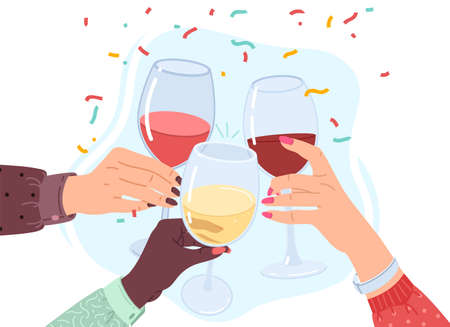 Clink glasses hands. Friends clink white, red and rose wine drinks, alcohol drinks in wineglasses, holiday party, people event together, celebration cheers, colored confetti. Vector cartoon conceptのイラスト素材