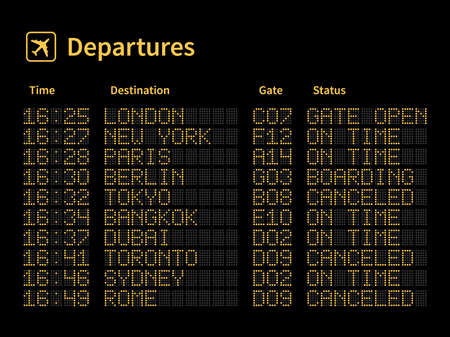 Airport led board. Aircrafts departures and terminal number gate timetable information, light yellow dot letters and numbers on black panel. Flight schedule on dashboard boarding status vector conceptのイラスト素材
