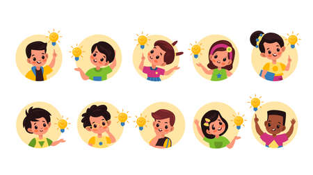 Kids idea lamp. Happy cute children in round frames with ideas and lamps sings, little pupils boys and girls founded right solution, imagination and innovation symbol vector flat cartoon isolated setのイラスト素材
