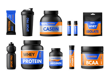 Sport nutrition labels. Bodybuilders food supplements, plastic packages with whey protein and creatine, vitamins and energy drinks, black containers and bottles with stickers. Vector realistic 3d setのイラスト素材