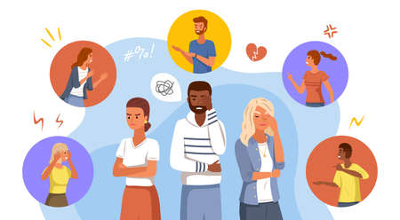 Angry people. Young characters thinking about negative communication experiences. Aggressive abuse conversation with business partner and lover or friend. Vector conflict stress situations conceptのイラスト素材
