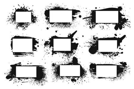 Spray ink frame. Grunge inked black border set, abstract rough texture with splashes and stains of paint, decorative silhouettes with copy space, square and rectangle shapes vector isolated collectionのイラスト素材