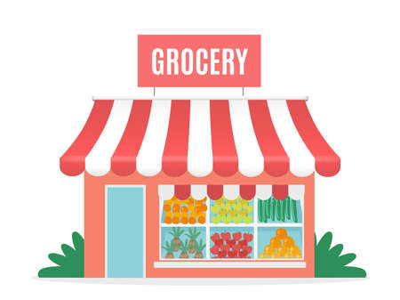 Grocery shop. Cartoon greengrocer store facade. Front view of isolated small one-story building with striped awning and signboard. Place of sale of fruits and vegetables. Vector minimal illustrationのイラスト素材