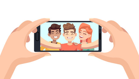 Selfie on phone. Hands hold smartphone, male and female smiling friends on device screen, making portrait photo, mobile picture with happy people self photograph flat cartoon colorful isolated conceptのイラスト素材