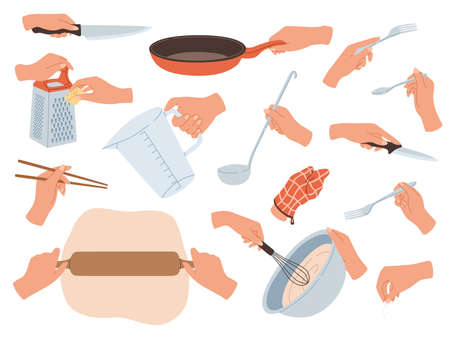 Hands preparing food. Cooking utensils in female hands, restaurant kitchen objects. Cutlery, culinary and baking accessories, knives and forks, bowl and pans, rolling pin and whisk. Cartoon vector setのイラスト素材