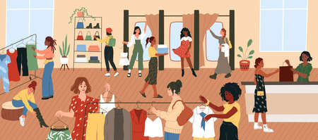 Trying clothes. Women try dresses and shoes in boutique or shop. Apparel shopping, super sales time, people try outfits, look mirror, pay for goods at checkout, garments store. Vector fashion conceptのイラスト素材