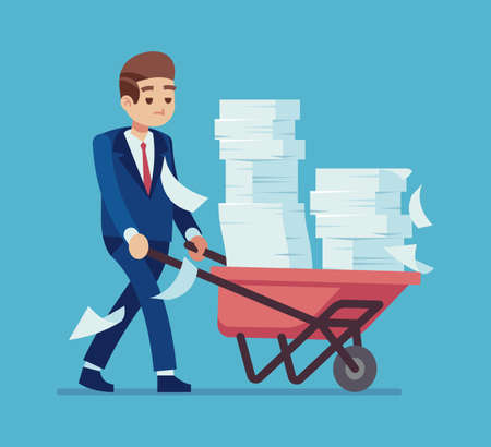 Businessman with a pile of papers. Cartoon man carrying cart with stacks of documents, time management deadline, unfinished job, business process or bureaucracy vector unorganized office work conceptのイラスト素材