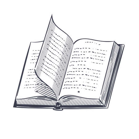 Hand drawn book. Retro sketch open notebook with text in drawing style, vintage dictionary, library or bookstore collection, educational or learning concept vector element isolated on white backgroundのイラスト素材