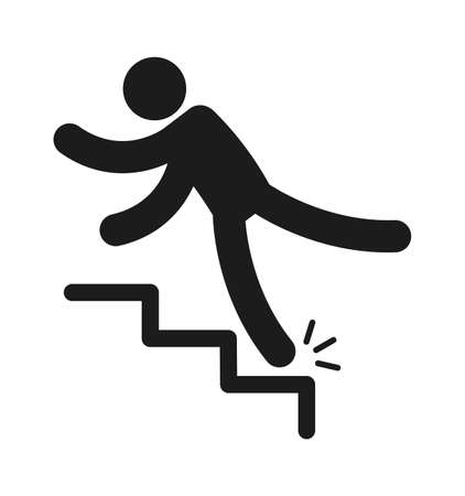 Person injury slipping on wet floor. Falling people black simple silhouette, danger symbol unbalanced man slips and fall down from stairs, warning sign template, vector isolated single illustrationのイラスト素材