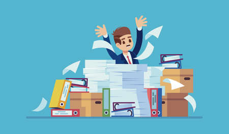 Unorganized office work. Accounting paper documents, folders and boxes piles, man sitting at table with heaps of paper sheets, ineffective workflow, unfinished job, time management vector flat conceptのイラスト素材