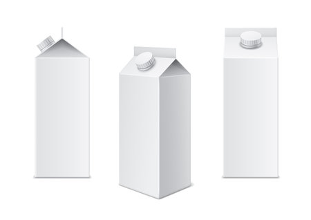 Realistic milk box. 3d white cardboard template for juice, milk and beverage package, different viewing angles drinks blank mockups. Closed rectangular container brand presentation vector isolated setのイラスト素材