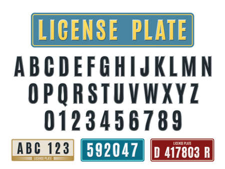 License car plates font. Embossed latin alphabet, aluminum nameplates with squeezed out numbers and letters, tags and frames template set. Auto registration typeface vector elementsのイラスト素材