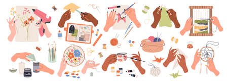 Needlework embroidery. Human hands create handmade crafts, artisan tools and accessory, work and hobby, decoupage and tapestries, sewing and knitting, drawing and origami vector setのイラスト素材