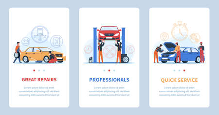 Car repair shop. Auto service app, technical maintenance vehicles collection, professionals eliminate problems, mechanics and engineers change automobile details and wheels. Vector bannersのイラスト素材